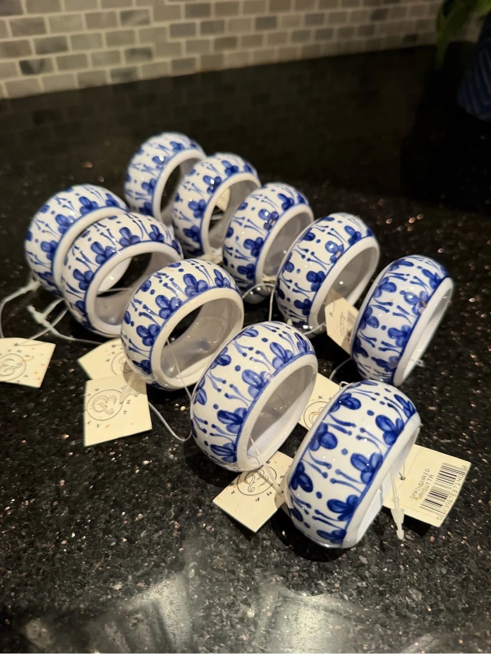 Vintage Lot of 10 Kemp & Beatley Blue & White Footed  Porcelain Napkin Rings NWT
